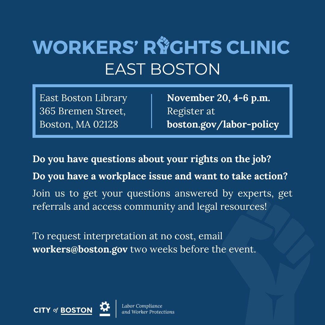 📢 Join us for the first Workers&rsquo; Rights Resource Clinic! 🌟
The Office of Labor Compliance and Worker Protections is hosting a series of clinics to support workers in addressing labor violations like wage theft, discrimination, and safety con