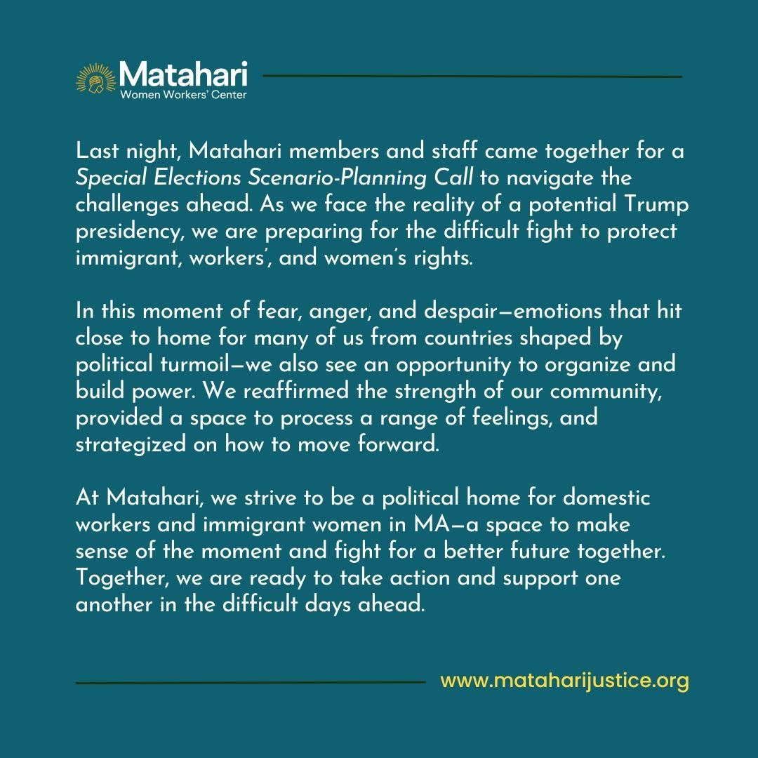 Rooted in strength, rising in power, and ready for the challenges ahead. Together, we will protect our communities and fight for justice. 
#CommunityStrength #OrganizeToWin #ImmigrantRights #WorkersRights #WomenOrganizing #Boston #DomesticWorkers #R